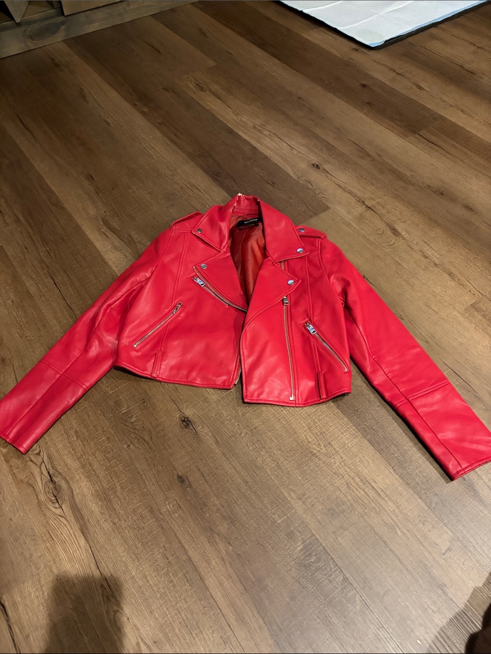 Pull&Bear Bright Red Cropped Faux Leather Moto Jacket